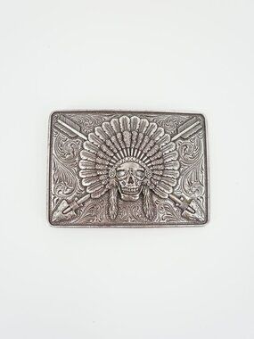 Ariat Western Mens Rectangle Belt Buckle Chief Skull Arrowheads Silver A37009